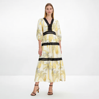 Robe midi personnalisée pour femme à imprimé feuille de palmier, col en V, manches bouffantes trois quarts, garniture en dentelle noire, à volants