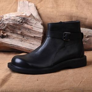 Bottes montantes en cuir véritable pour hommes, bout rond, avec boucle, semelle extérieure en caoutchouc antidérapante, chaussures de ville pour le travail, livraison directe - Product Image 1