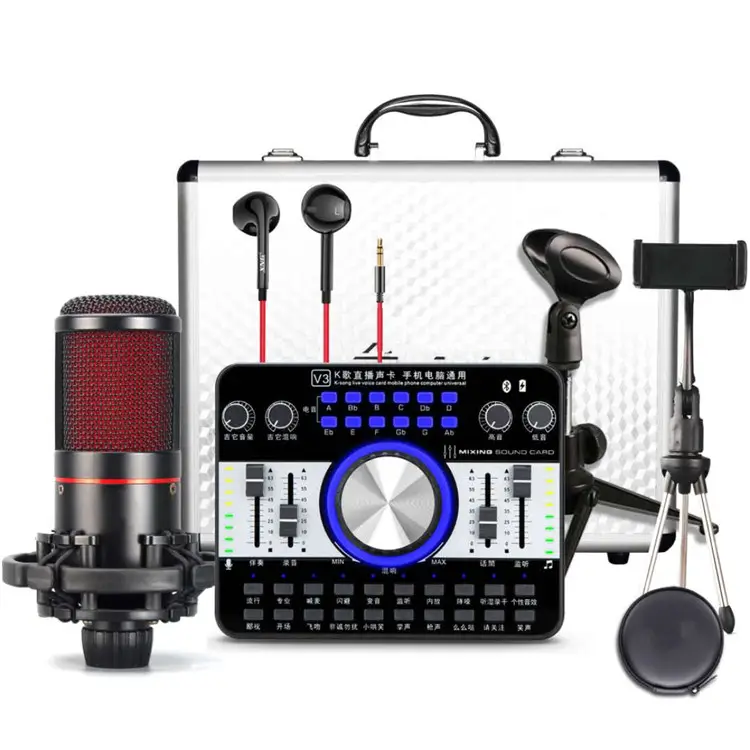 Équipement de Studio à condensateur, 2 pièces, équipement d'enregistrement et de diffusion en direct, carte son v8, Microphone