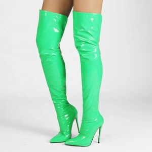 Botas de cuero fluorescente de tacón de aguja con cremallera trasera, hechas a medida, talla grande 47, sexys, para mujer, por encima de la rodilla - Product Image 4
