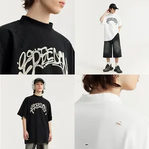 INFLATION Ripped Laceration High Collar Oversize T-shirt Man 265 GSM White Heavy Weight Cotton T Shirt Oversized Tshirt