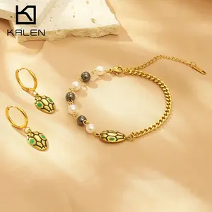 Kalen Fashion Stainless Steel Snake Bracelet Bead and Pearl Jewelry Snake Hoop Earrings