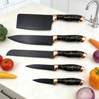 Ensemble de couteaux de cuisine 5 pièces en acier inoxydable professionnel lame enduite antiadhésive noire avec poignée à motif couteaux de chef