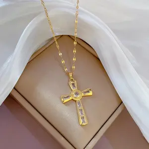 Luxury Vintage 18K Gold Stainless Steel Chain Zircon Cross Pendant Necklace Women Shiny Cz Choker Necklace Jewelry For Gift