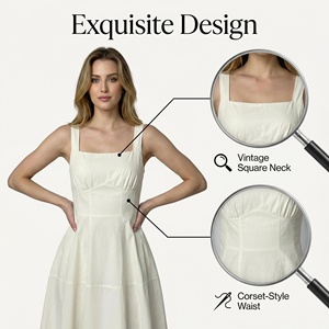 שמלת מקסי נשית, 100% כותנה, ללא כתפיות, בגזרה A, עם קשירה במותן, צווארון U, גזרה רחבה, מבד ארוג, מתאימה לכל עונות השנה, ללבוש יומיומי - Product Image 2