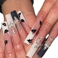 Ongles à presser de luxe tendance pour soirée, longs, avec accents or et noir, ornements en forme de nœud disposés à la main, lot de 24 pièces