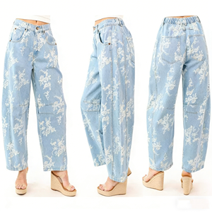 Vaqueros azules estampados para mujer, estilo nuevo de verano, holgados, de pierna recta, estilo retro de Hong Kong, pantalones anchos - Product Image 1