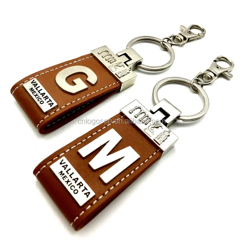 Customized Metal Keychain VALLARTA Mexico 26 Letters Metal With Leather Keychain Custom Promotion Key Chain Key Holder Leather