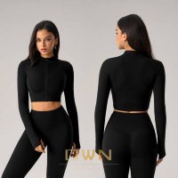 Mujer de manga larga deportes Yoga otoño primavera recortada Top con capucha Slim Fit cintura ceñida transpirable patrón cremallera chaqueta
