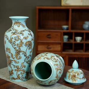 <span class=keywords><strong>Vaso</strong></span> in <span class=keywords><strong>Ceramica</strong></span> Blu <span class=keywords><strong>Turchese</strong></span> con Motivo Floreale Dorato, Stile Europeo, Vendita all'Ingrosso - Product Image 5