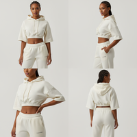 Ensemble 2 pièces pour femme : Sweat à capuche court à manches courtes et pantalon de survêtement en molleton crème, coupe droite, vente en gros