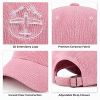 Casquette de baseball structurée de luxe sportive en sergé de velours côtelé à 6 panneaux, avec lettre brodée personnalisée, motif avion vintage, ajustable