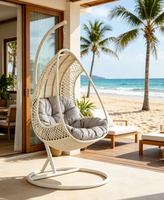 Fauteuil suspendu en forme d'œuf avec support - Fauteuil balançoire en rotin PE blanc avec coussins