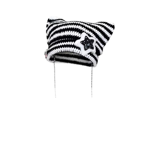 Madeshine Y2K Mùa Đông Jacquard Beanie Hat Sọc Dệt Kim Sao Chéo Dễ Thương Mèo Tai Quỷ Của Sừng Ấm Crochet 3D Thêu Bãi Biển - Product Image 1