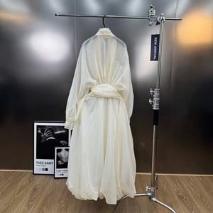 Spring 2026 <strong>Flared</strong> V-Neck Long-Sleeve Dress with Pintucks, Cinched Waist, and <strong>Flared</strong> <strong>Skirt</strong> - Product Image 4