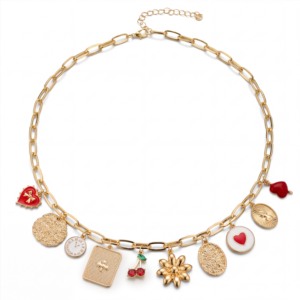 EDGE Collier Vintage Charmant Multi-Pendentifs, Chaîne Cœur Fleur Cerise Pièce de Monnaie, Collier Statement Y2K, Bijoux Tendance Femme - Product Image 3