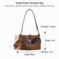 Tas Selempang Kulit Suede Boston Custom MOQ Rendah Warna Cokelat Karamel Dua Warna dengan Ritsleting, Grosir Tas Selempang OEM ODM Pabrik