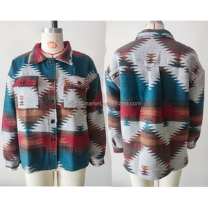Venta al por mayor de invierno país estilo occidental bolsillos Tweed camisa chaqueta de lana abrigo <span class=keywords><strong>azteca</strong></span> chaquetas Shacket para las mujeres - Product Image 4