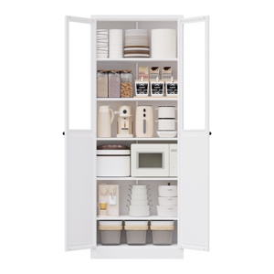 White Cold Rolled Steel <b>Kitchen</b> Pantry Cabinet, Glass & Solid 4 Doors <b>Storage</b> <b>Cupboard</b> with Adjustable Shelves for Dining Room - Product Image 5