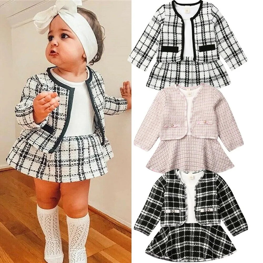 2512 Autumn 1-6 Y Kids Baby Toddler Girl Clothes Set Birthday Party Long Sleeve Plaid Coat Tops+vest Dress 2Pcs Outfits Clothing