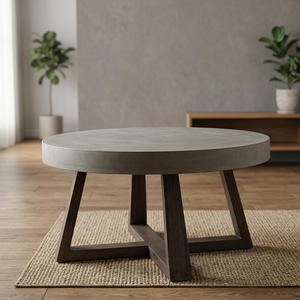 Modern Lightweight Round Concrete Dining <b>Table</b> with Waterproof Wood <b>Legs</b> Durable & Quick-Dry Cushion for Outdoor Living Room Use - Product Image 2