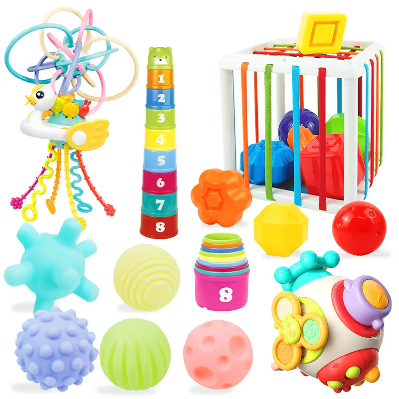 1 yaşındaki için Montessori oyuncaklar, bebekler için duyusal oyuncaklar, istifleme sıralama renk şekli silikon çekme dize aktivite oyuncak seti