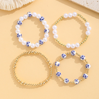 Ensemble de 4 bracelets extensibles en perles artisanales Runcheng, imitation perle de porcelaine bleue et blanche, perles en cuivre plaqué, cadeau pour femmes