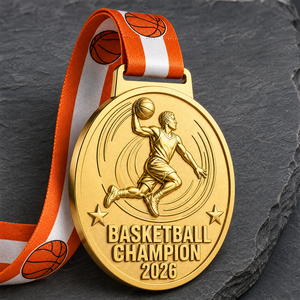 Médailles de basket-ball personnalisées en gros, plaquées or, avec motif de dunk en relief 3D, ruban imprimé, OEM ODM, sans MOQ - Product Image 1