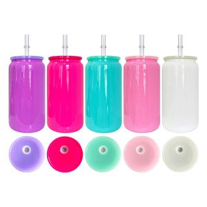 Gobelets en verre pour bière et soda de 16 oz, couleur unie brillante, colorés, avec couvercle en plastique et pailles - Product Image 3