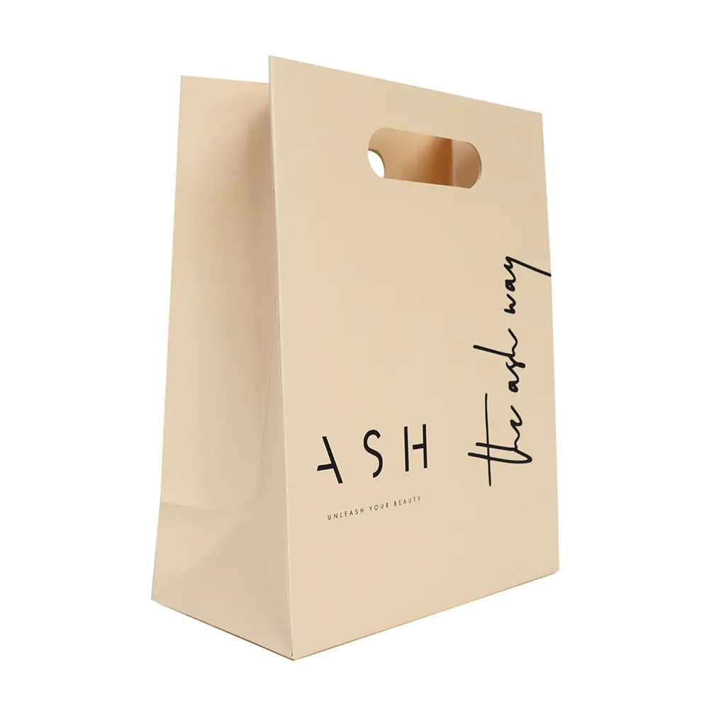 Sacchetto della spesa regalo di imballaggio di abbigliamento Beige di carta personalizzato con manico fustellato