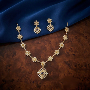 Premium Matt Finish CZ Floral Necklace <b>Set</b> with Earrings, Gold Plated Bridal Wedding Party Wear Artificial Jewellery - Product Image 1