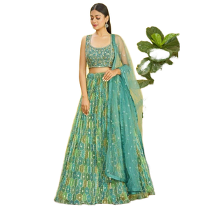 Superbe miroir vert de mer en organza de mariage Lehenga Choli pour les mariées pour le marié - Product Image 1