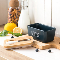 Beurrier en céramique de 500 ml pour la cuisine, ensemble de récipients rectangulaires pour le stockage du beurre avec couteau et couvercle en bambou.