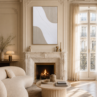 Peinture murale abstraite texturée personnalisée, motif tourbillon blanc et gris en relief avec cadre doré, sur toile