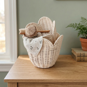 BEST SELLER! Modern Eco-Friendly Wicker Rattan Kid Storage Basket Scalloped Edge Handle Stackable High Quality for Kids Room - Product Image 1