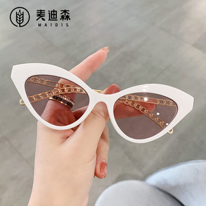 Maidis Cat Eye Sunglasses White Frame Chain Design Women UV400 Protection Fashion Glasses - Product Image 1