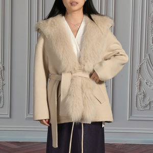 Manteau en <span class=keywords><strong>laine</strong></span> double face d'hiver personnalisé Jxwatcher avec capuche et veste en fourrure véritable 2 pièces pour femmes, grand col en fourrure de renard, manteau en cachemire pour femmes - Product Image 1