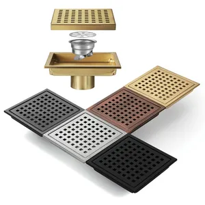Square Shower Floor Drain with Removable Cover Grid Grate,6 inch Long SUS 304 Stainless Steel Quadrato Pattern Grate with Flange