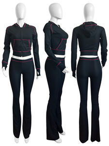 Giacche corte con Zip e pantaloni svasati felpe con cappuccio Waffle autunno inverno nuovi capi di <span class=keywords><strong>abbigliamento</strong></span> impilati set di <span class=keywords><strong>abbigliamento</strong></span> <span class=keywords><strong>Casual</strong></span> da <span class=keywords><strong>donna</strong></span> - Product Image 2