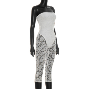 Viviblook J26JP126 Women Summer Jumpsuit Strapless Zipper Sheer <b>Lace</b> Patchwork <b>Elastic</b> Mid Length One Piece Casual Jumpsuit - Product Image 4