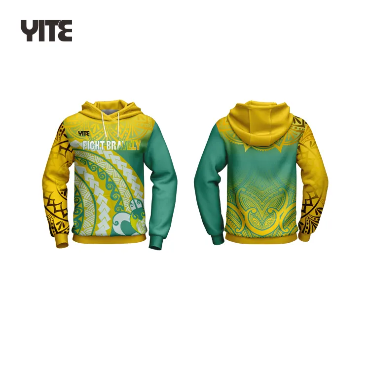 manufacturer cheap wholesale custom Maori design yellow and green hoodies high quality polyester hoodie