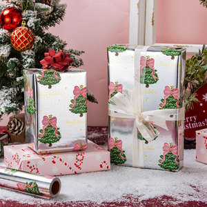 Silver Christmas Tree Pattern <b>Gift</b> Wrapping Paper Double-Sided Metallized with Pink <b>Bow</b> Design for Holiday Packaging - Product Image 1