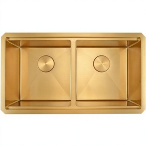 Fregadero de Cocina Bajo Encimera LQS de 31 Pulgadas, Acabado Dorado Cepillado, Acero Inoxidable Calibre 16, Doble Tazón, Esquina R10, Fácil Limpieza - Product Image 1