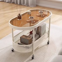 Table d'appoint ovale moderne en verre trempé à double niveau pour maison mobile, chariot roulant pour canapé avec panier de rangement