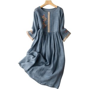 Casual <b>Dress</b> Mid Length Cotton Linen O Neck <b>Elastic</b> Waist Embroidery Vintage Daily Wear Breathable Splicing Design - Product Image 5