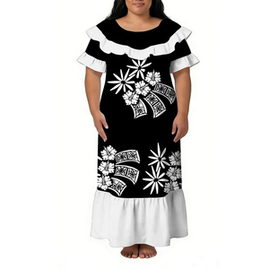 Abito Lungo Estivo Personalizzato all'Ingrosso Stile Hawaii con Collo Tondo e Stampa Polinesiana, Vestito da Donna con Doppia <span class=keywords><strong>Manica</strong></span> <span class=keywords><strong>Corta</strong></span> a Volant - Product Image 4