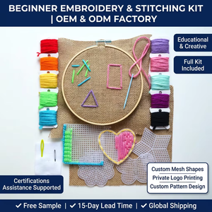 Kit de couture pour enfants, kit d'apprentissage de la couture préscolaire, kit d'artisanat de couture abstrait géométrique, kit de broderie en bois rond pour enfants - Product Image 1