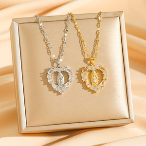 Nouvelle Arrivée Plaqué Or Religieux Catholicisme Coeur Vierge Marie Mère <span class=keywords><strong>de</strong></span> Dieu CZ Pendentif Collier Bijoux pour Femme - Product Image 1
