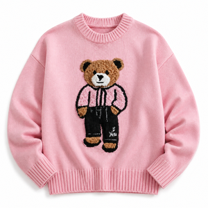 <span class=keywords><strong>Pull</strong></span> en tricot pour femme avec applique ours en peluche, col rond, manches longues, coupe ample, rose, automne-hiver - Product Image 3