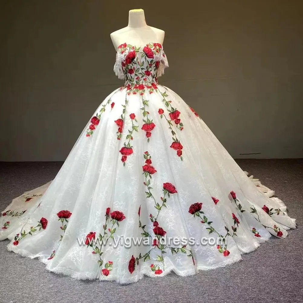 Ballgown Bridal Gowns Multi Color Rose Floral Embroidered Lace bride Wedding Dress